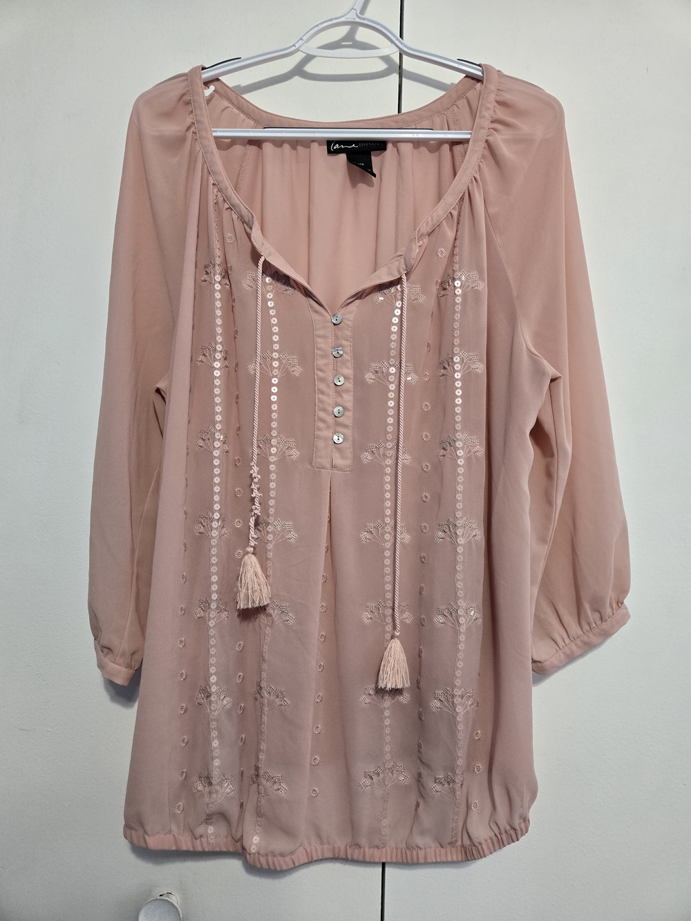 Lane Bryant Embroidered Peasant Blouse‎ Pink Tassel Boho Top Size 14/16